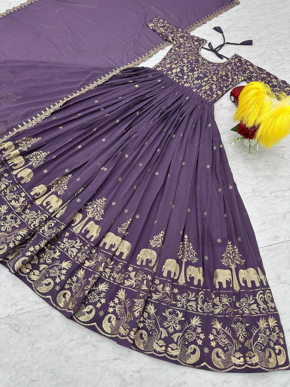 Fox Georgette Embroidery Thread Work Flared Gown Set with Dupatta