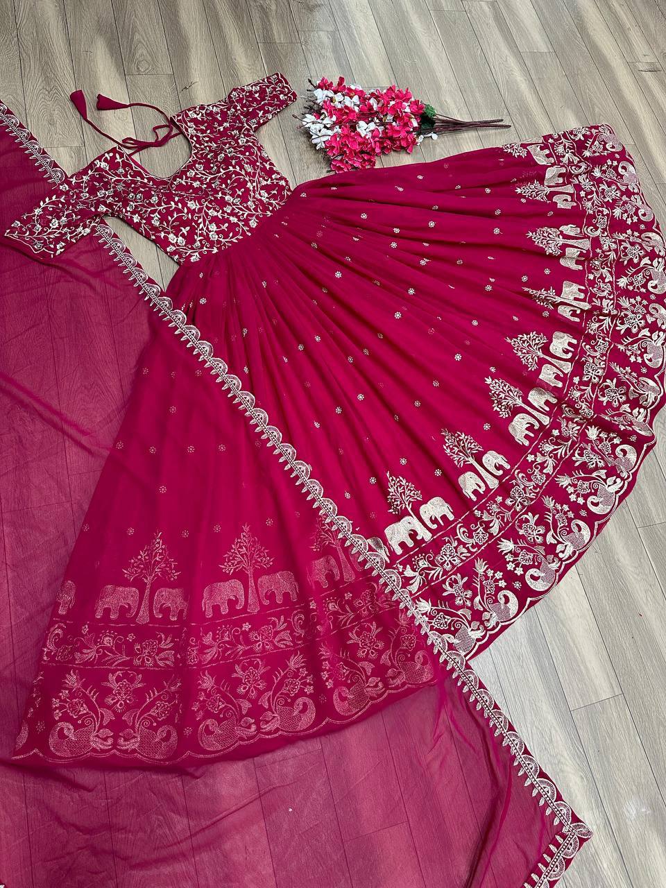Fox Georgette Embroidery Thread Work Flared Gown Set with Dupatta