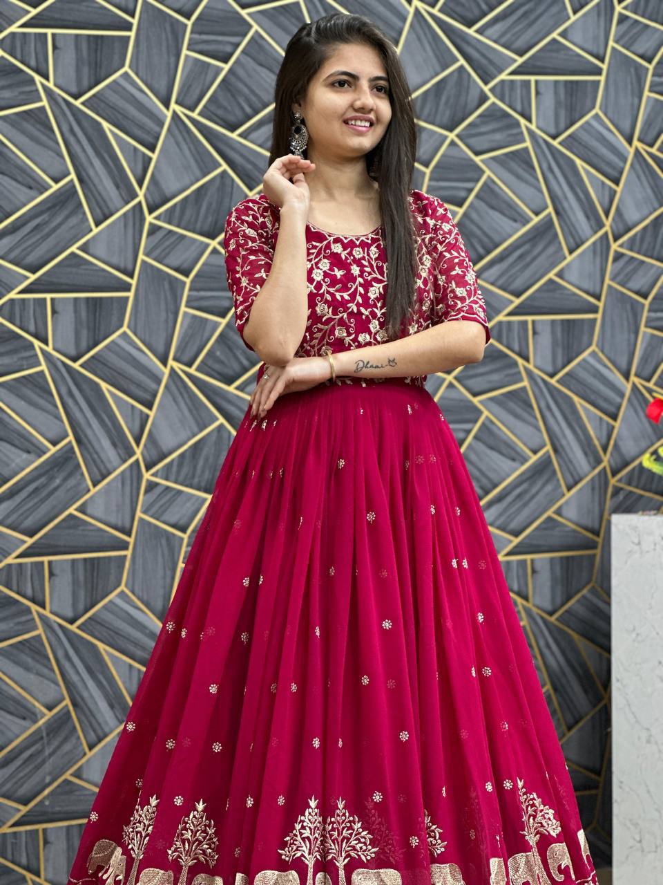 Fox Georgette Embroidery Thread Work Flared Gown Set with Dupatta