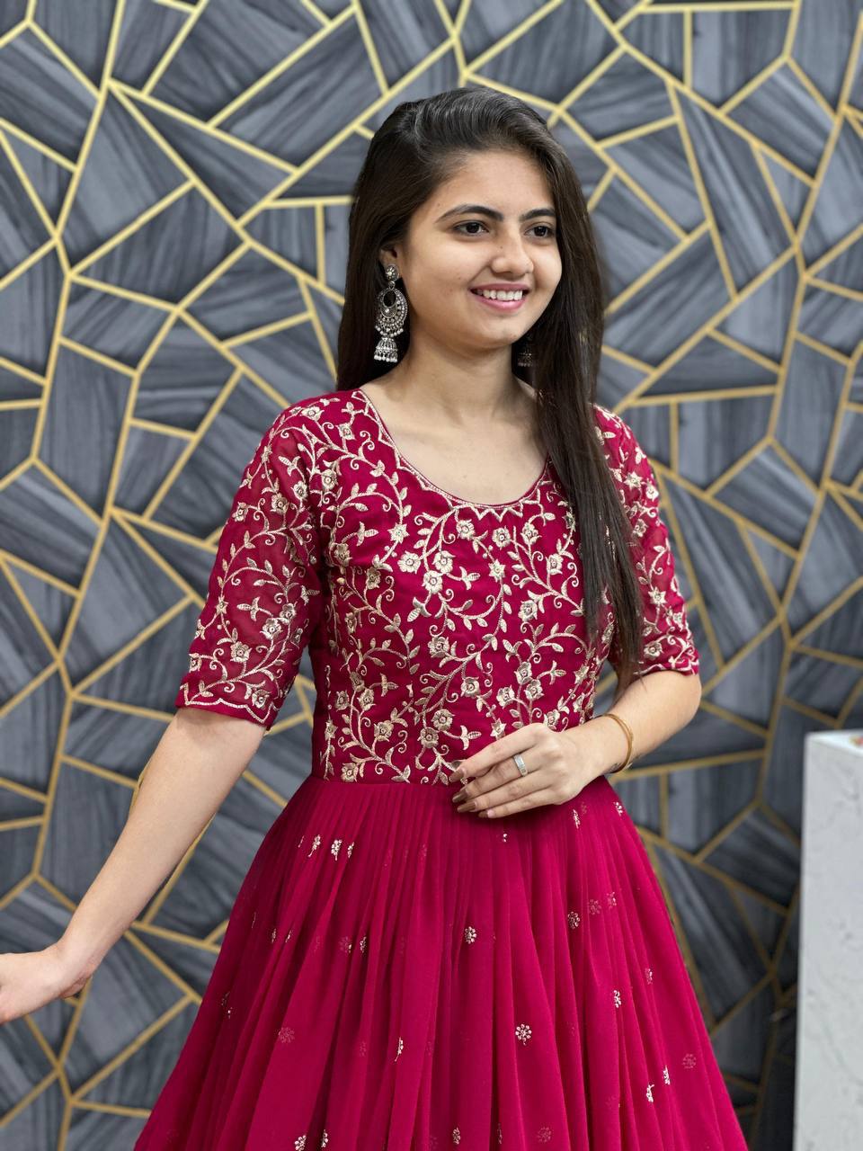 Fox Georgette Embroidery Thread Work Flared Gown Set with Dupatta