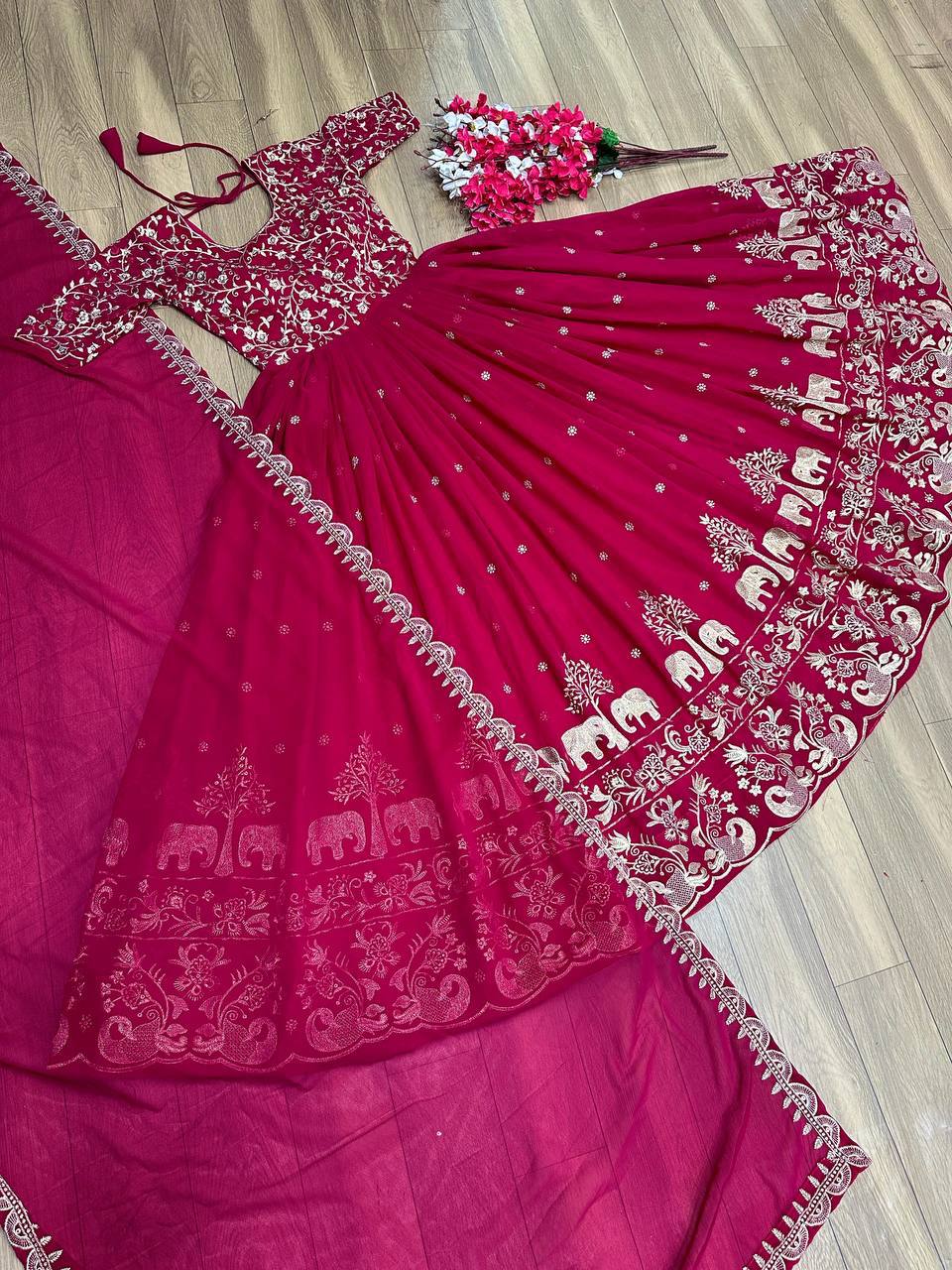 Fox Georgette Embroidery Thread Work Flared Gown Set with Dupatta