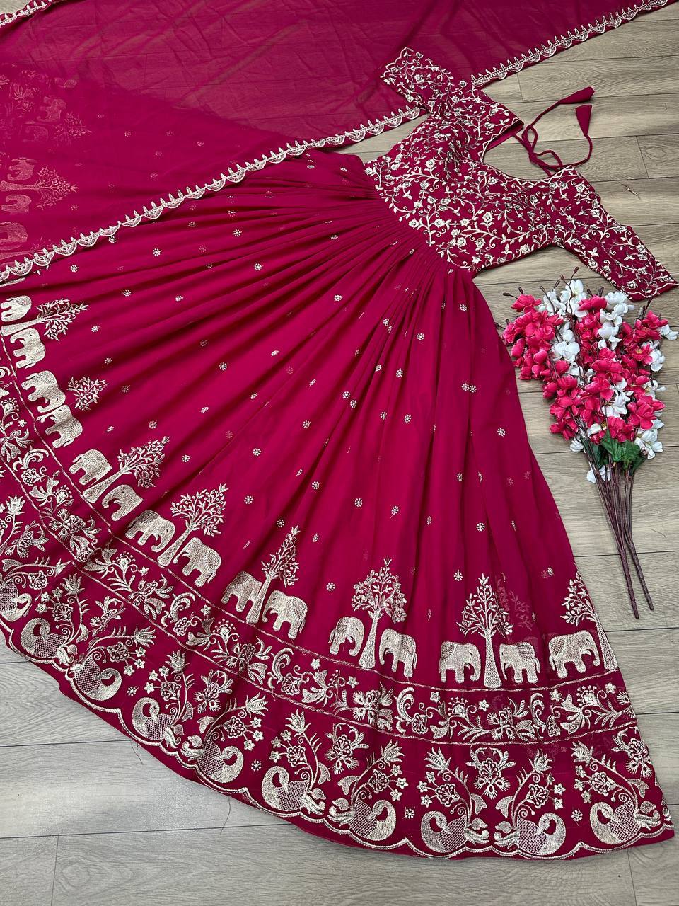 Fox Georgette Embroidery Thread Work Flared Gown Set with Dupatta