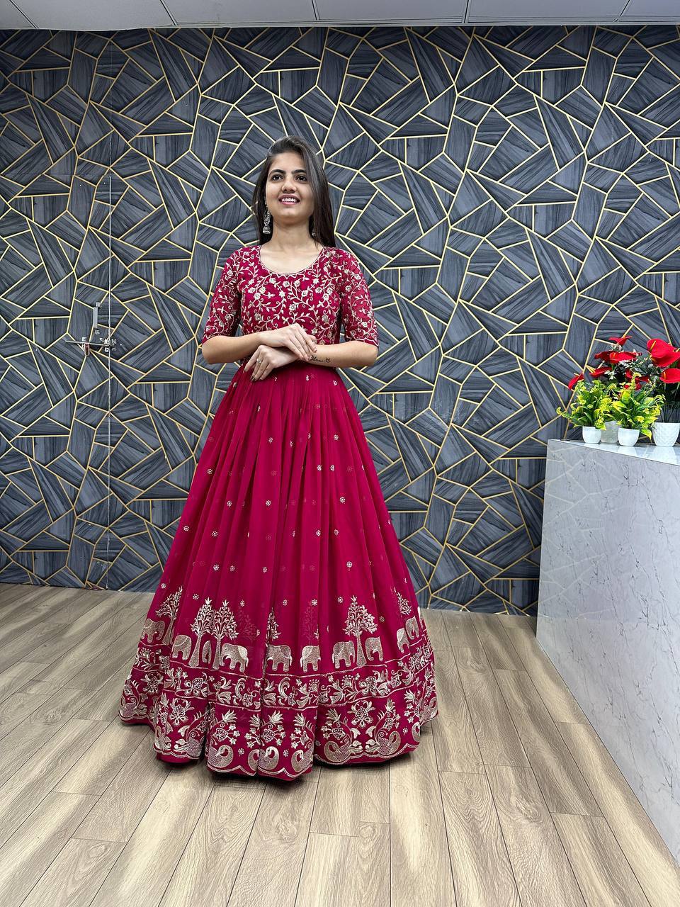 Fox Georgette Embroidery Thread Work Flared Gown Set with Dupatta