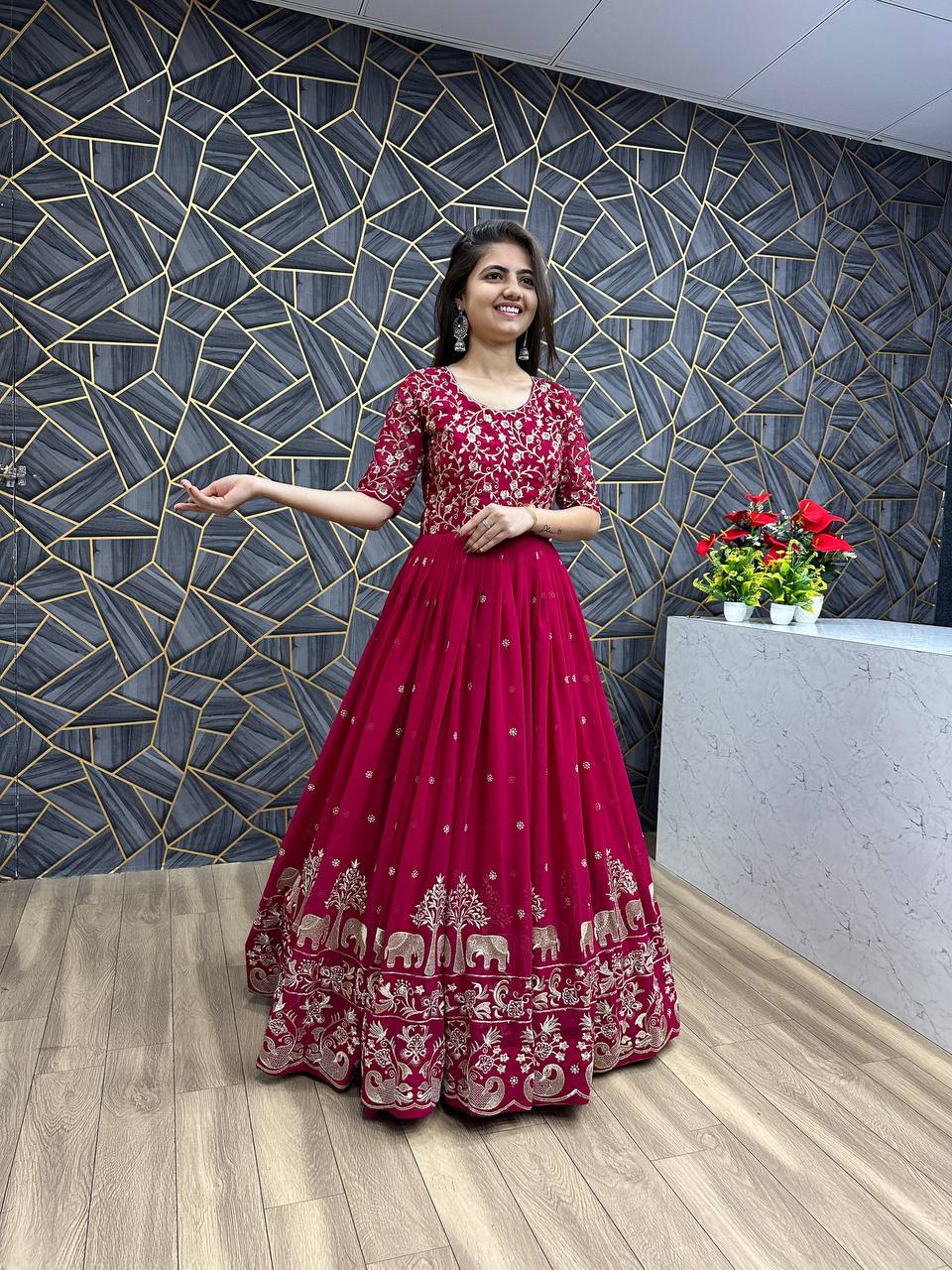 Fox Georgette Embroidery Thread Work Flared Gown Set with Dupatta