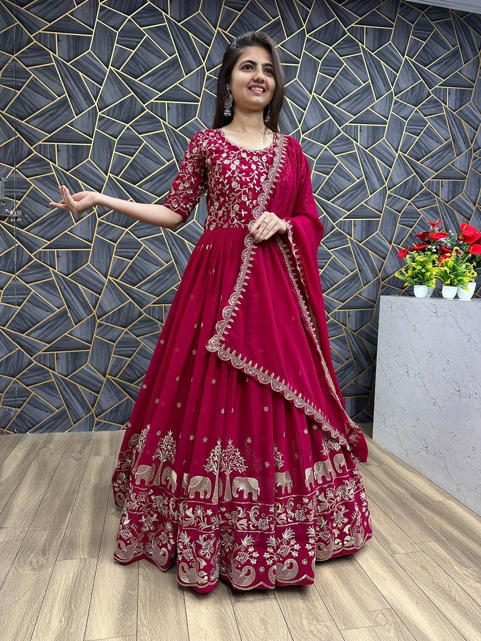 Fox Georgette Embroidery Thread Work Flared Gown Set with Dupatta