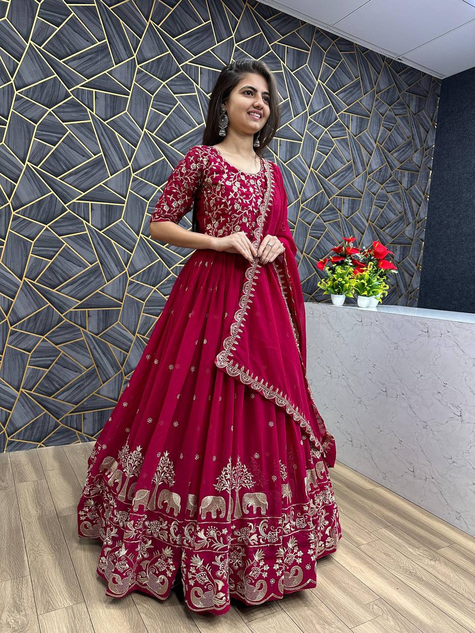 Fox Georgette Embroidery Thread Work Flared Gown Set with Dupatta