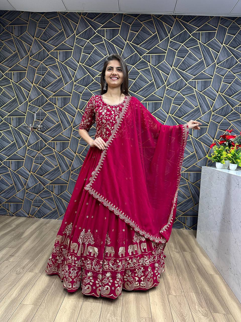 Fox Georgette Embroidery Thread Work Flared Gown Set with Dupatta