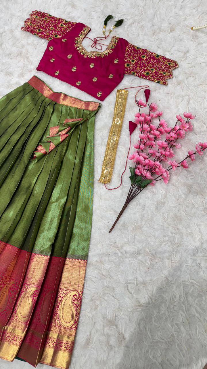 Exclusive Designer Pure Kanjivaram Silk Fully Stitched Lehenga Set with Maggam Work & Cutwork Dupatta