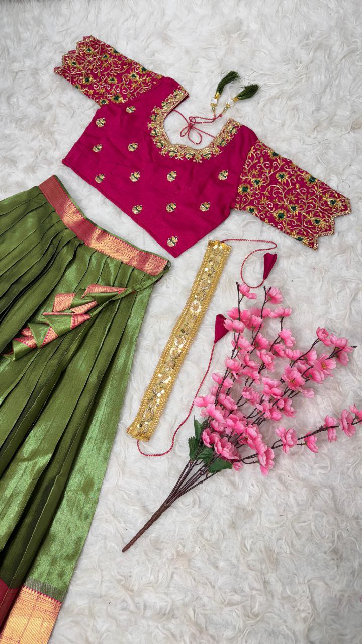 Exclusive Designer Pure Kanjivaram Silk Fully Stitched Lehenga Set with Maggam Work & Cutwork Dupatta