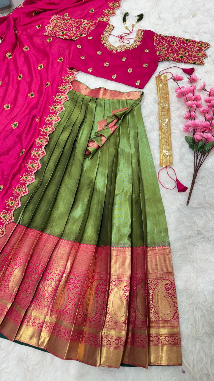 Exclusive Designer Pure Kanjivaram Silk Fully Stitched Lehenga Set with Maggam Work & Cutwork Dupatta