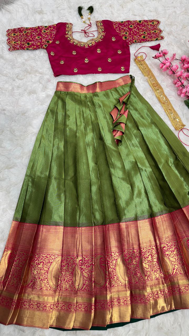 Exclusive Designer Pure Kanjivaram Silk Fully Stitched Lehenga Set with Maggam Work & Cutwork Dupatta