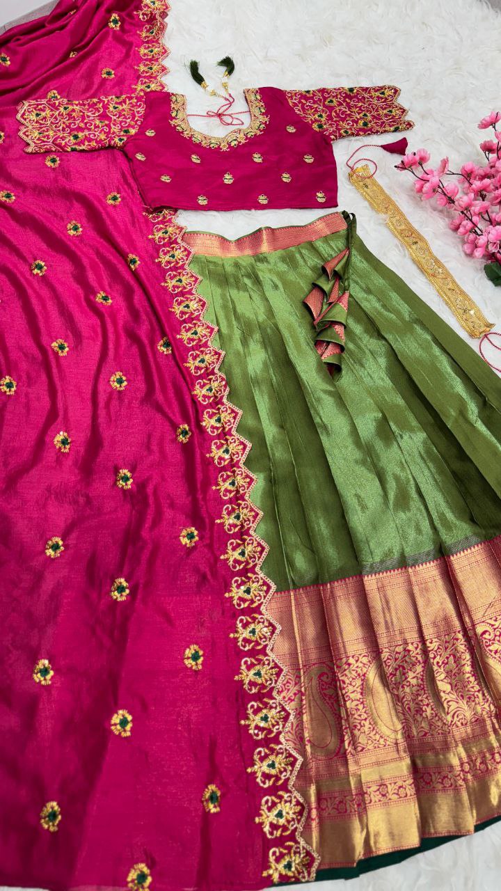 Exclusive Designer Pure Kanjivaram Silk Fully Stitched Lehenga Set with Maggam Work & Cutwork Dupatta