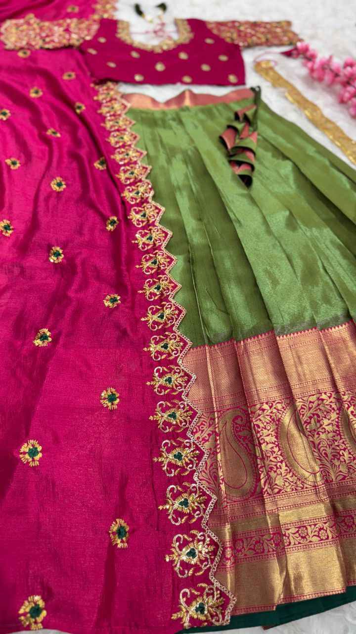 Exclusive Designer Pure Kanjivaram Silk Fully Stitched Lehenga Set with Maggam Work & Cutwork Dupatta