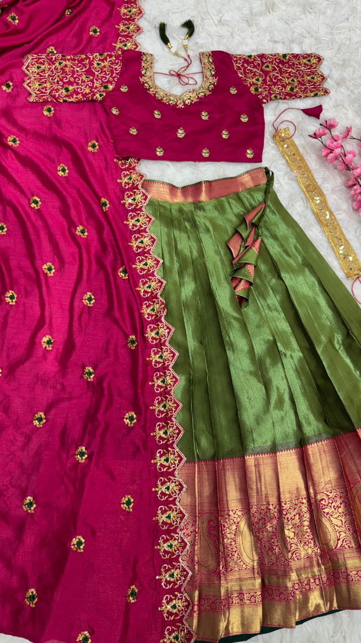 Exclusive Designer Pure Kanjivaram Silk Fully Stitched Lehenga Set with Maggam Work & Cutwork Dupatta