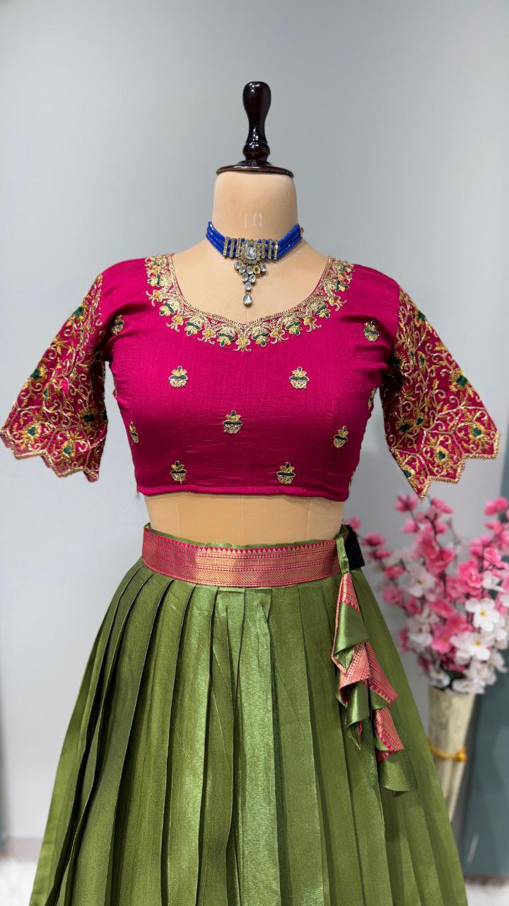 Exclusive Designer Pure Kanjivaram Silk Fully Stitched Lehenga Set with Maggam Work & Cutwork Dupatta