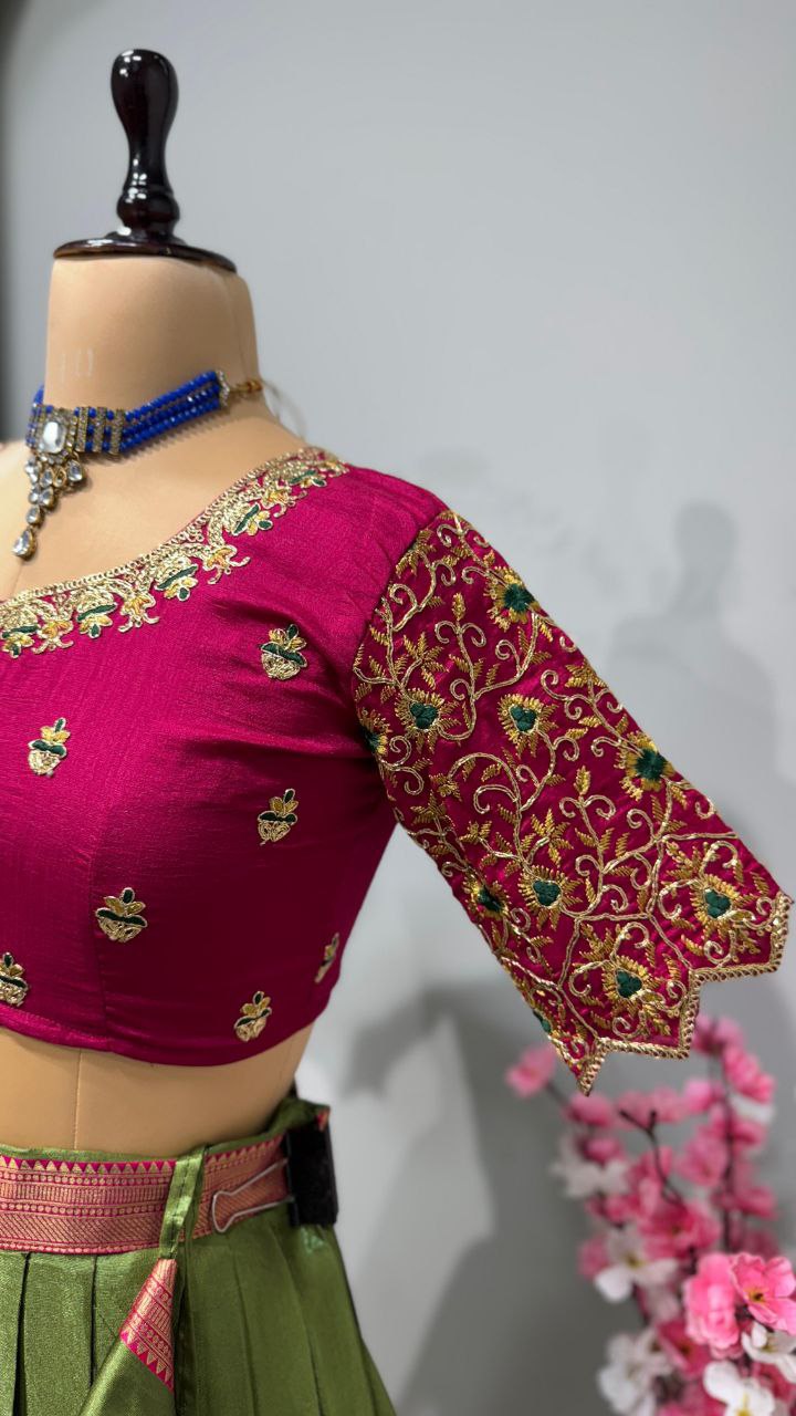 Exclusive Designer Pure Kanjivaram Silk Fully Stitched Lehenga Set with Maggam Work & Cutwork Dupatta