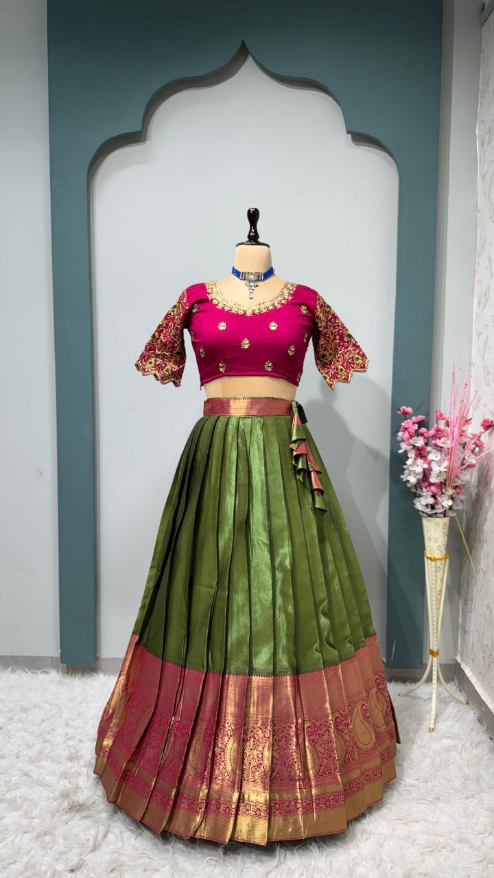 Exclusive Designer Pure Kanjivaram Silk Fully Stitched Lehenga Set with Maggam Work & Cutwork Dupatta