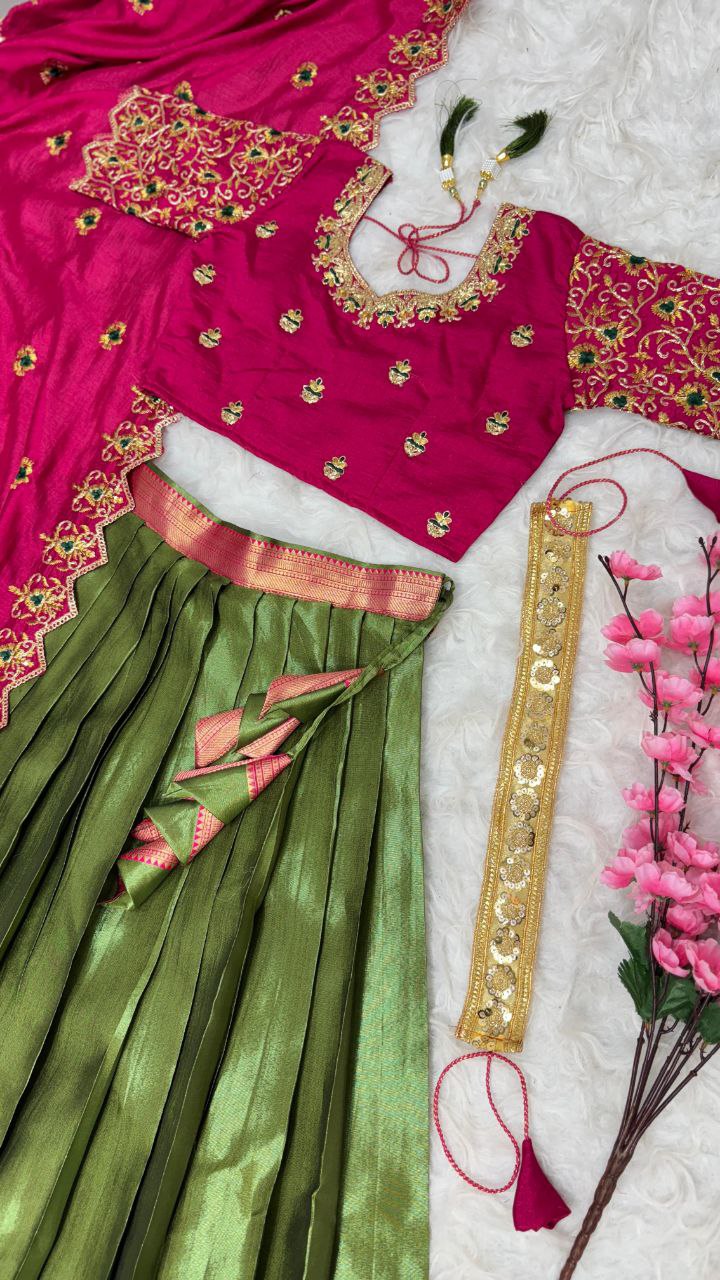 Exclusive Designer Pure Kanjivaram Silk Fully Stitched Lehenga Set with Maggam Work & Cutwork Dupatta