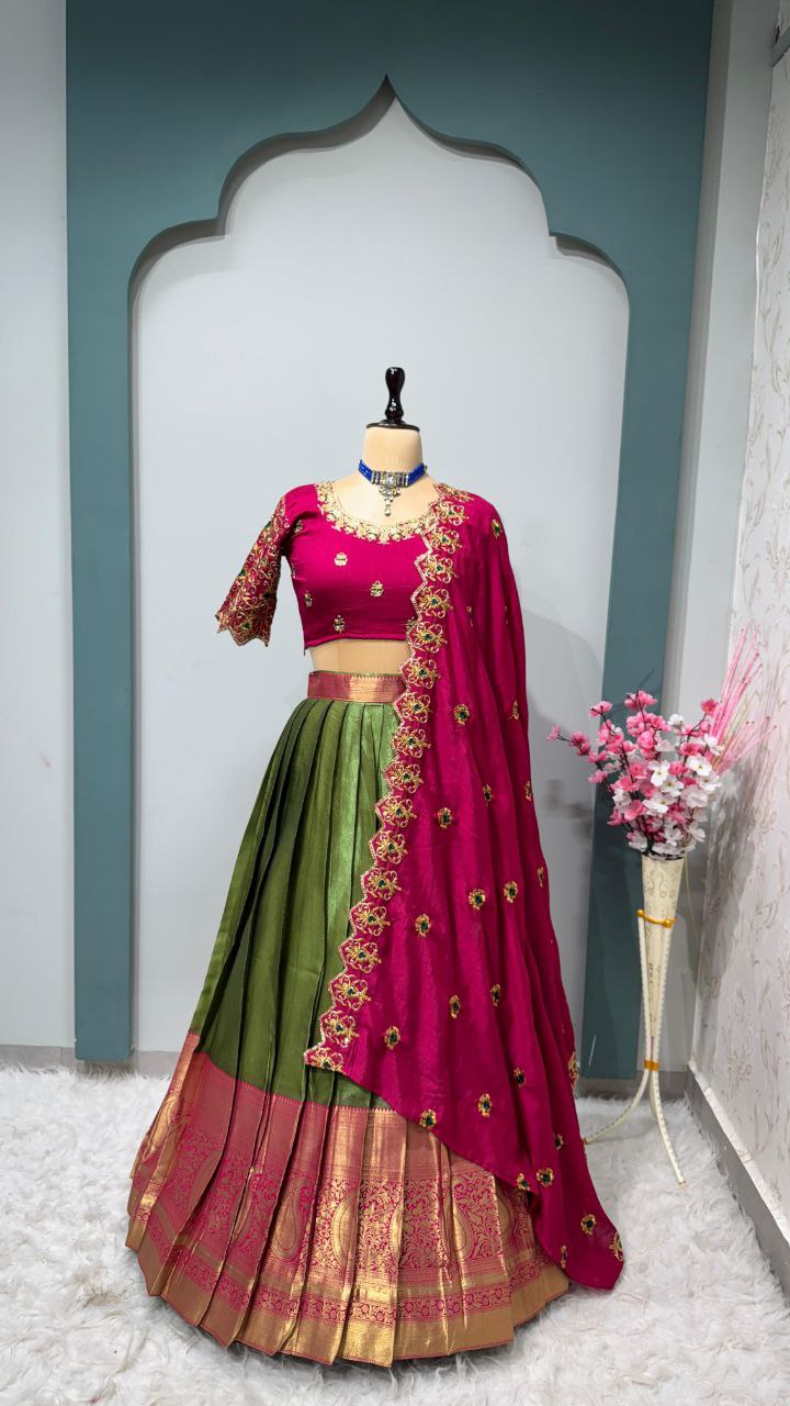 Exclusive Designer Pure Kanjivaram Silk Fully Stitched Lehenga Set with Maggam Work & Cutwork Dupatta