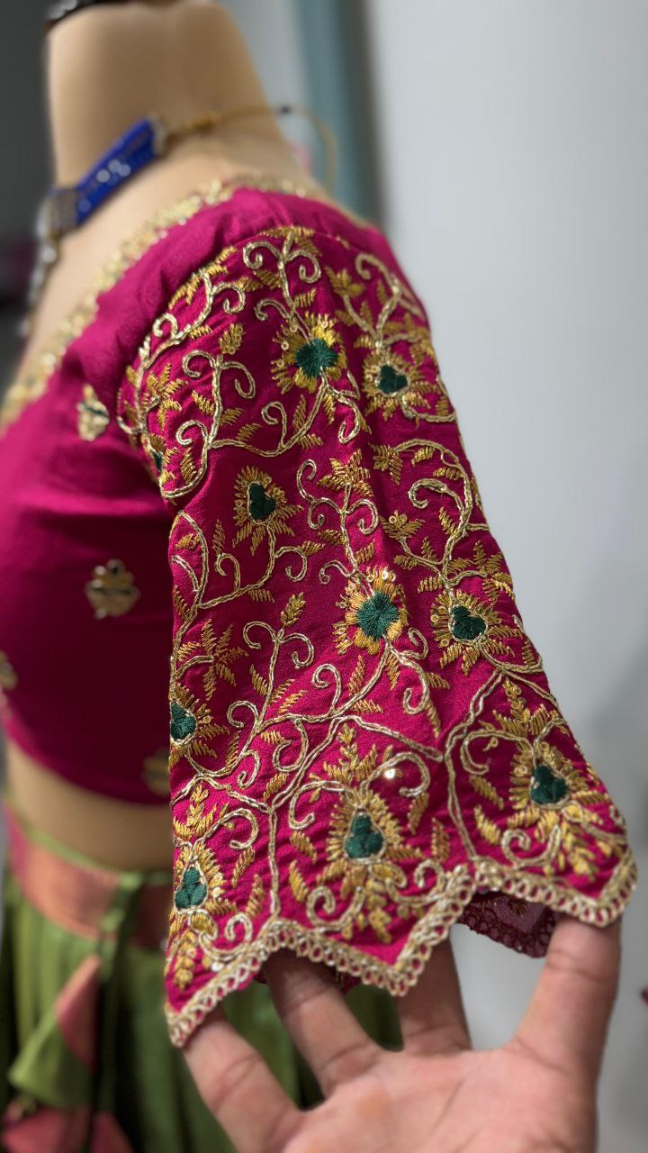 Exclusive Designer Pure Kanjivaram Silk Fully Stitched Lehenga Set with Maggam Work & Cutwork Dupatta