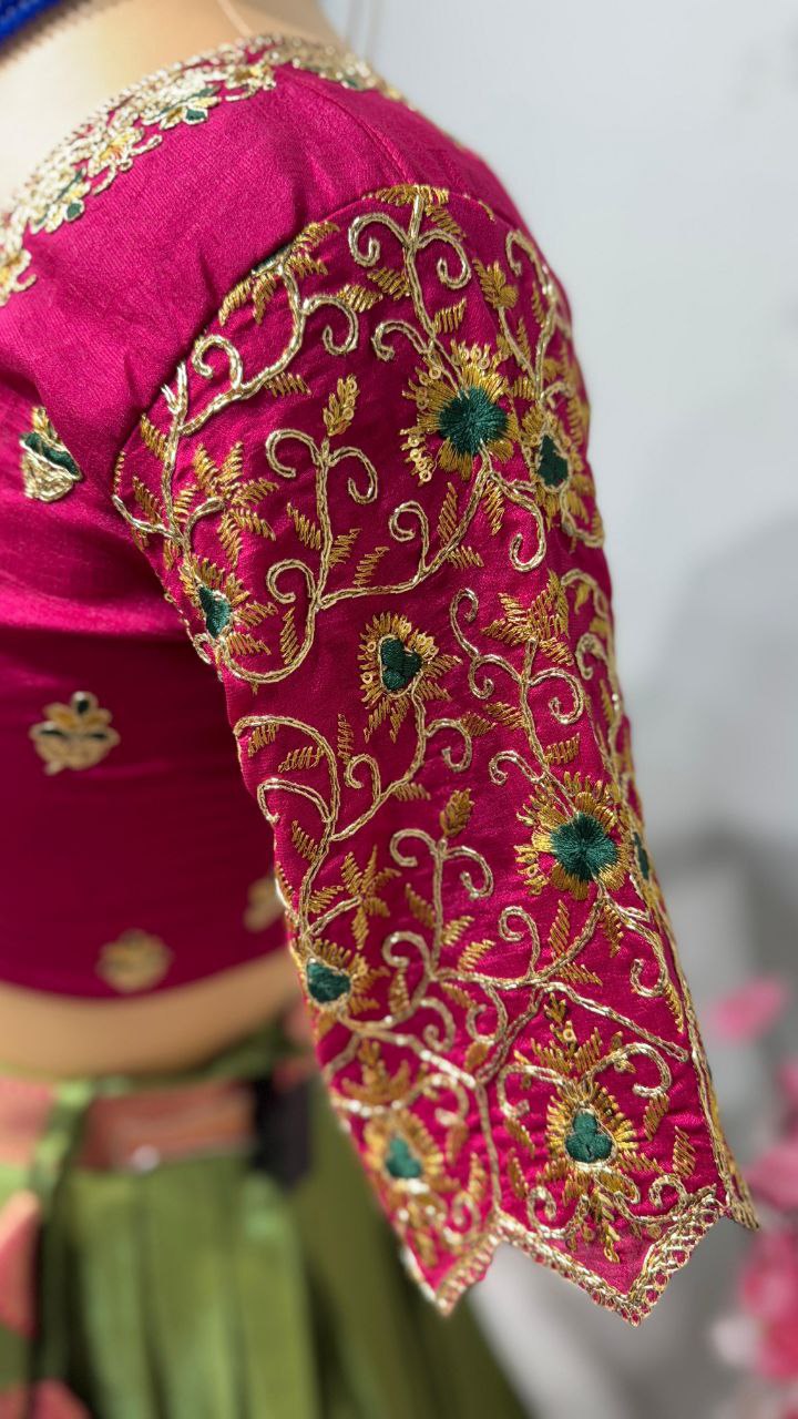 Exclusive Designer Pure Kanjivaram Silk Fully Stitched Lehenga Set with Maggam Work & Cutwork Dupatta