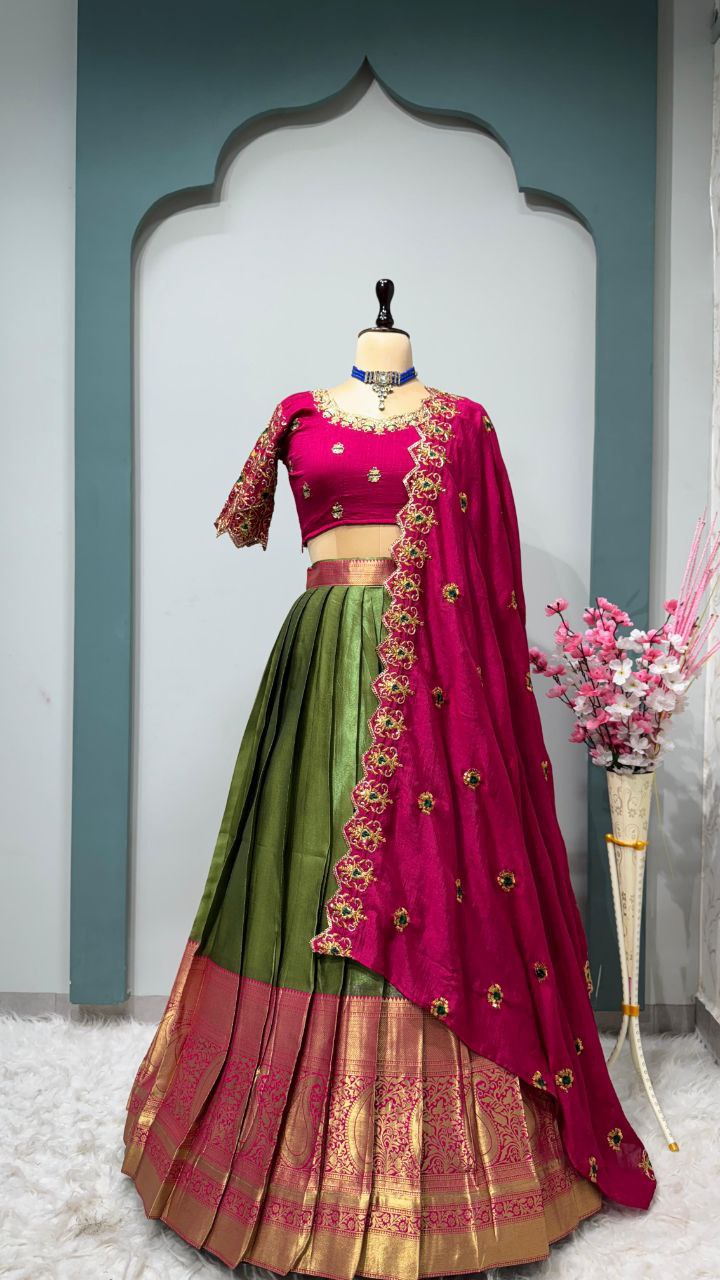 Exclusive Designer Pure Kanjivaram Silk Fully Stitched Lehenga Set with Maggam Work & Cutwork Dupatta