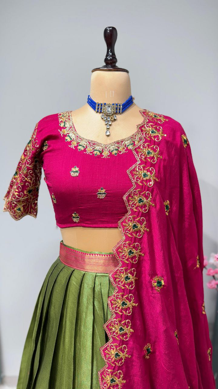 Exclusive Designer Pure Kanjivaram Silk Fully Stitched Lehenga Set with Maggam Work & Cutwork Dupatta