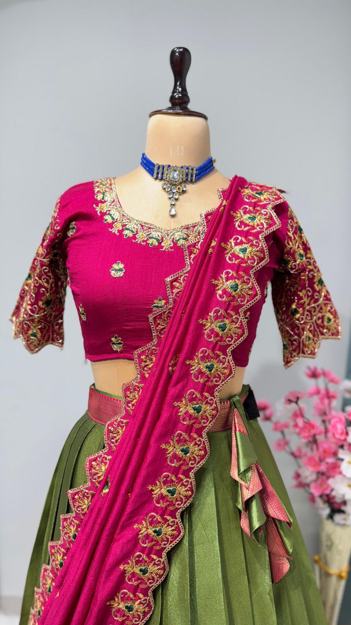 Exclusive Designer Pure Kanjivaram Silk Fully Stitched Lehenga Set with Maggam Work & Cutwork Dupatta