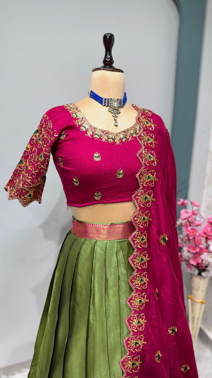 Exclusive Designer Pure Kanjivaram Silk Fully Stitched Lehenga Set with Maggam Work & Cutwork Dupatta