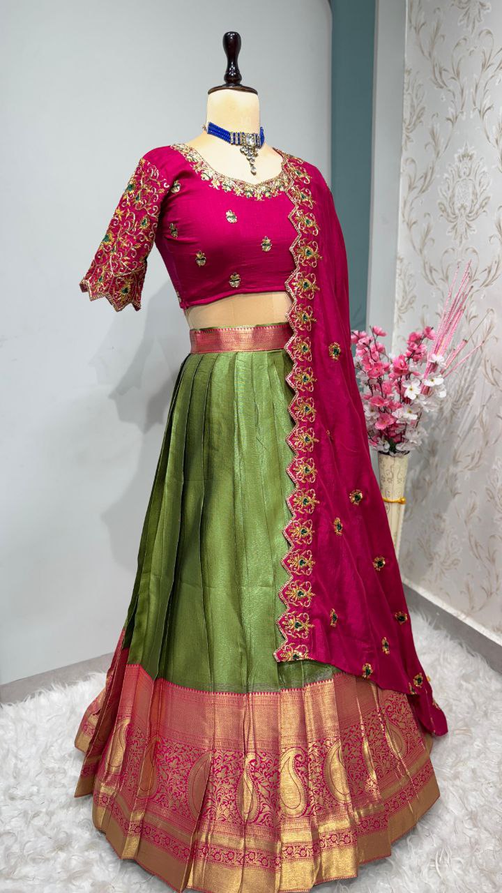 Exclusive Designer Pure Kanjivaram Silk Fully Stitched Lehenga Set with Maggam Work & Cutwork Dupatta