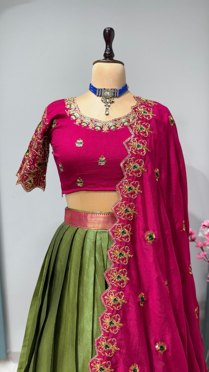 Exclusive Designer Pure Kanjivaram Silk Fully Stitched Lehenga Set with Maggam Work & Cutwork Dupatta