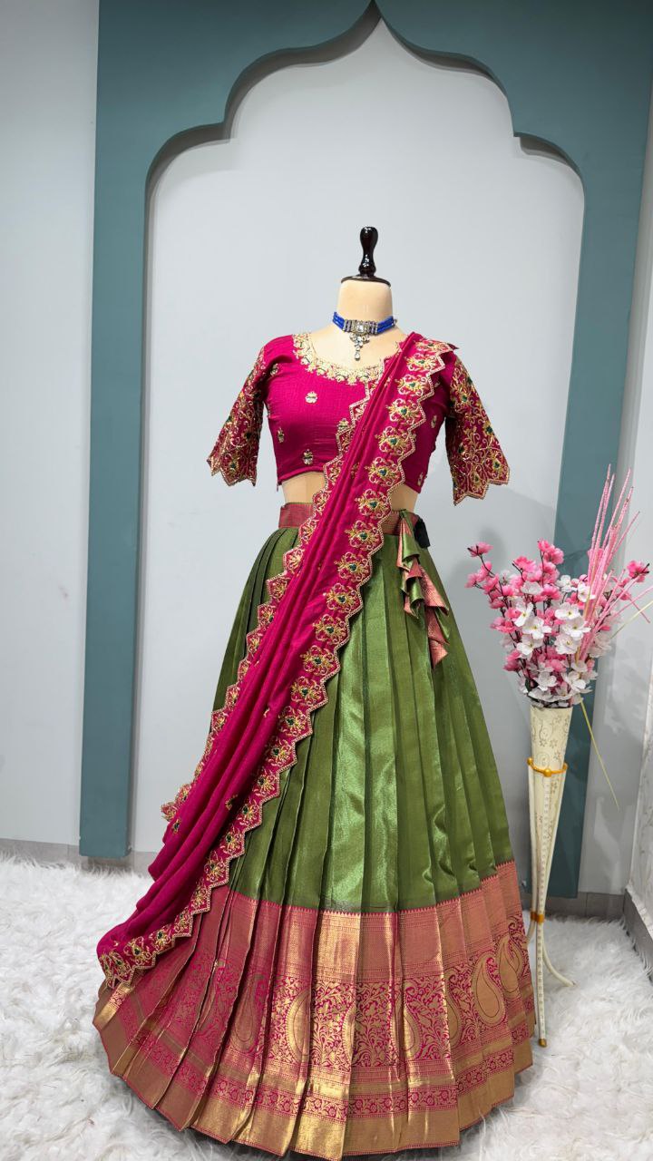 Exclusive Designer Pure Kanjivaram Silk Fully Stitched Lehenga Set with Maggam Work & Cutwork Dupatta