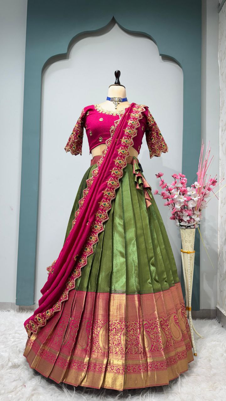 Exclusive Designer Pure Kanjivaram Silk Fully Stitched Lehenga Set with Maggam Work & Cutwork Dupatta