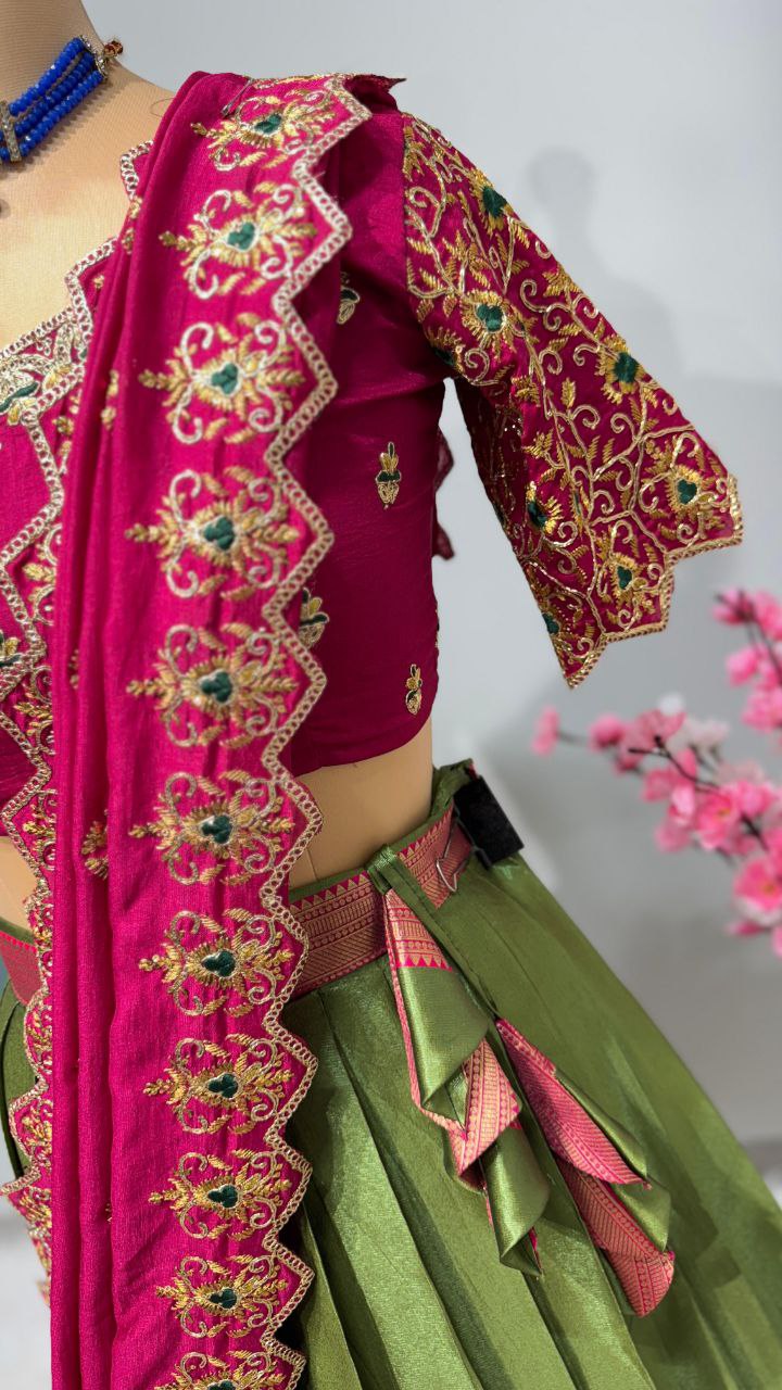 Exclusive Designer Pure Kanjivaram Silk Fully Stitched Lehenga Set with Maggam Work & Cutwork Dupatta