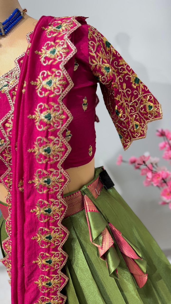 Exclusive Designer Pure Kanjivaram Silk Fully Stitched Lehenga Set with Maggam Work & Cutwork Dupatta