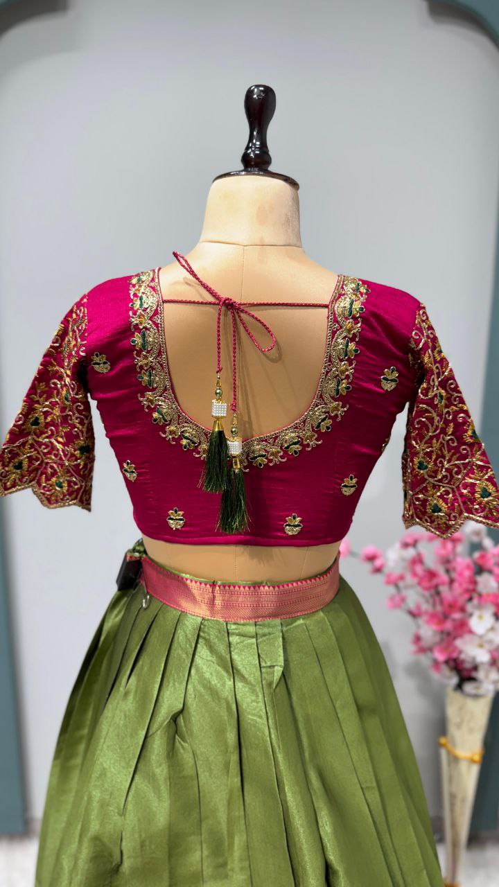 Exclusive Designer Pure Kanjivaram Silk Fully Stitched Lehenga Set with Maggam Work & Cutwork Dupatta