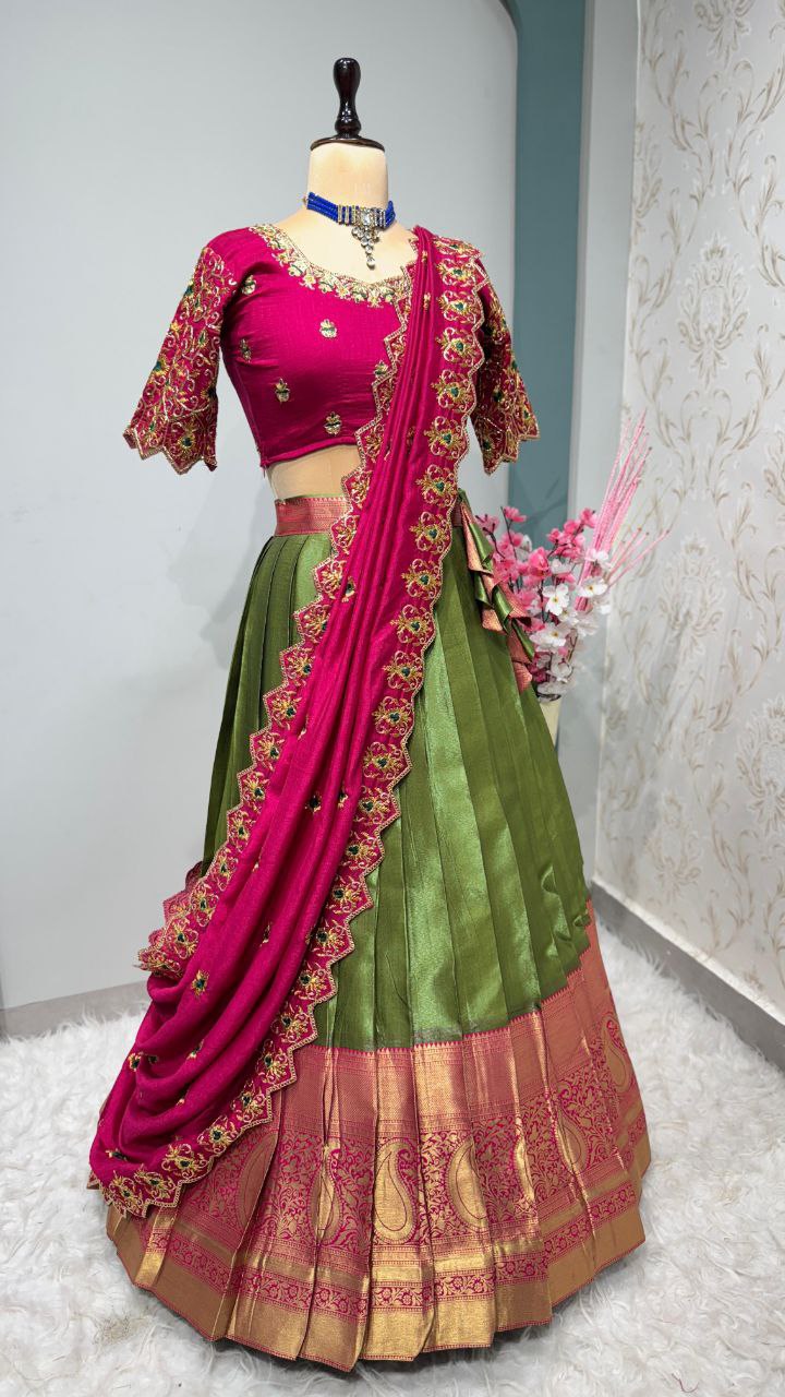 Exclusive Designer Pure Kanjivaram Silk Fully Stitched Lehenga Set with Maggam Work & Cutwork Dupatta