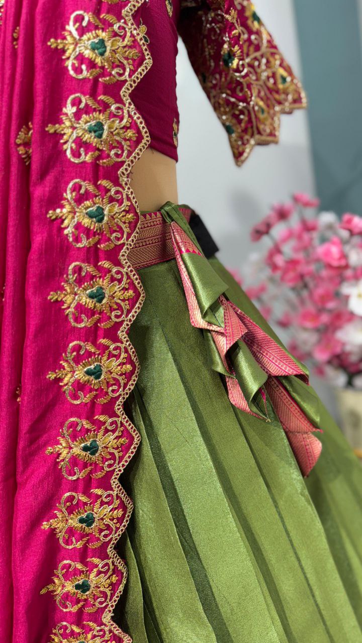 Exclusive Designer Pure Kanjivaram Silk Fully Stitched Lehenga Set with Maggam Work & Cutwork Dupatta