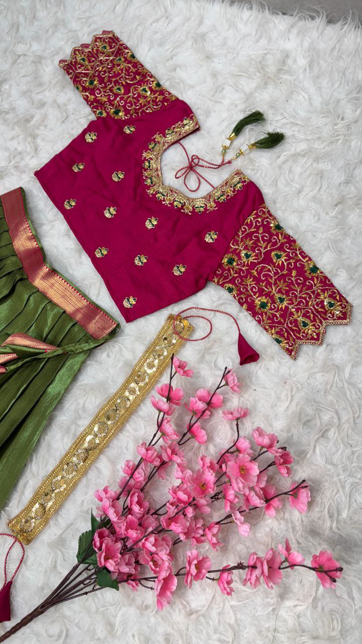 Exclusive Designer Pure Kanjivaram Silk Fully Stitched Lehenga Set with Maggam Work & Cutwork Dupatta
