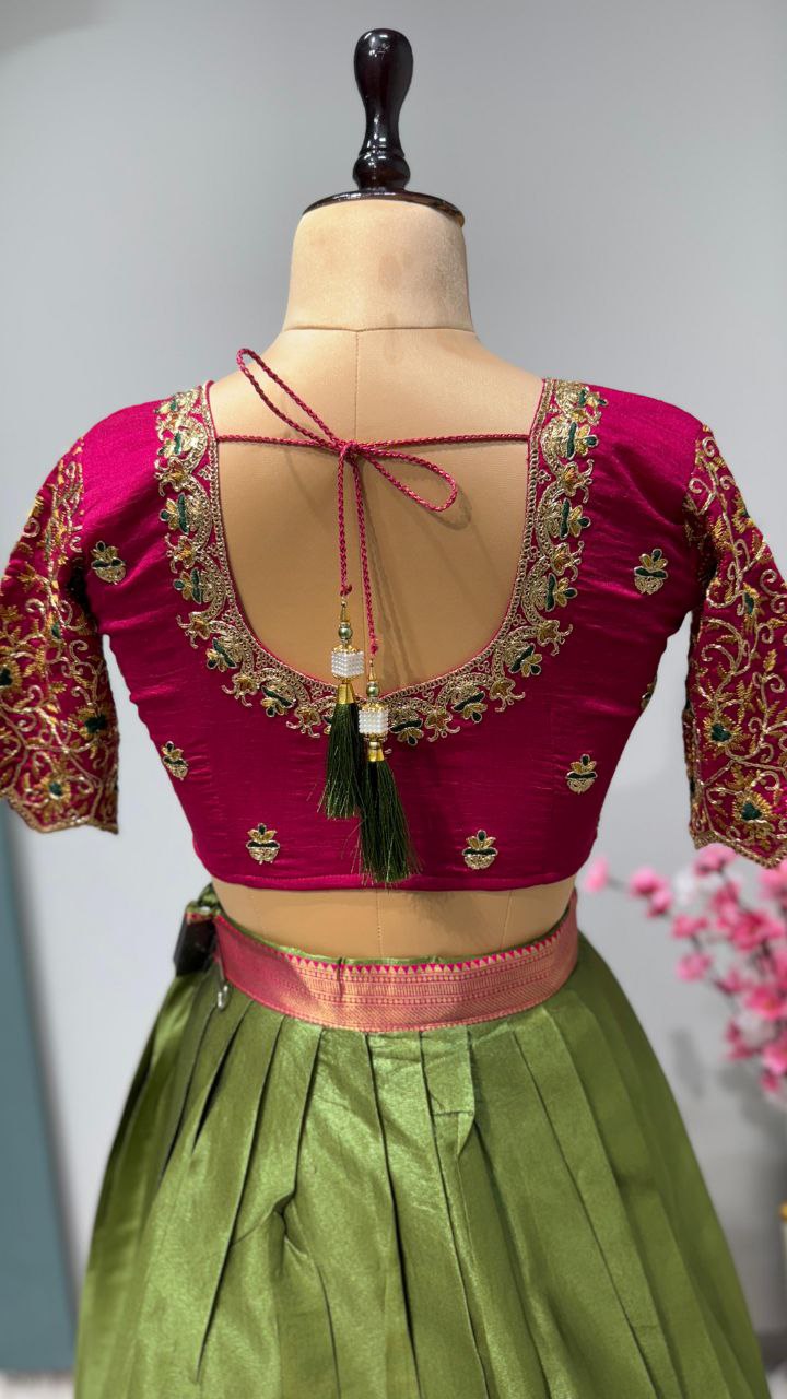 Exclusive Designer Pure Kanjivaram Silk Fully Stitched Lehenga Set with Maggam Work & Cutwork Dupatta