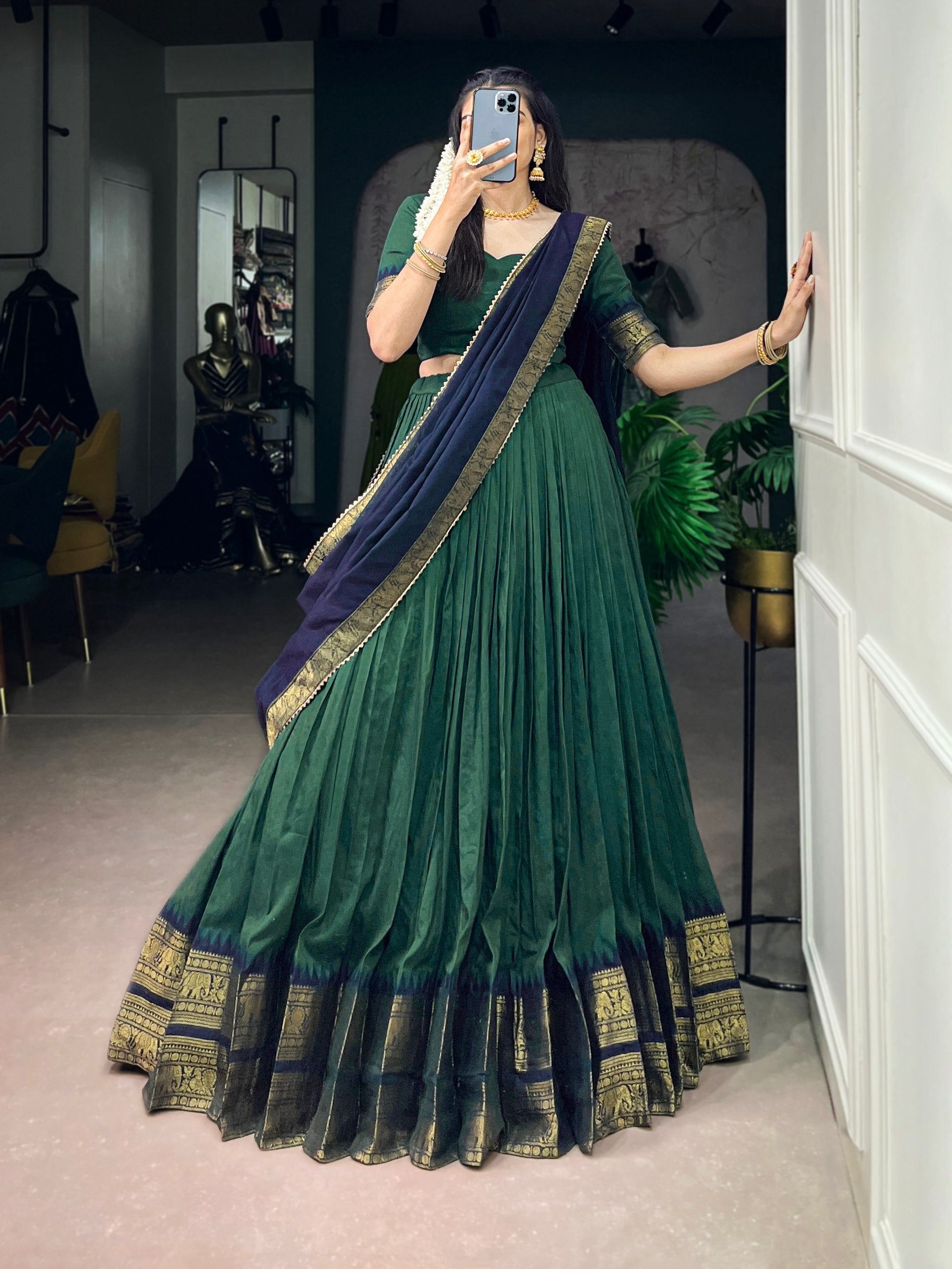 Poly Cotton Zari Woven Border Lehenga Set with Gota Patti Lace Dupatta