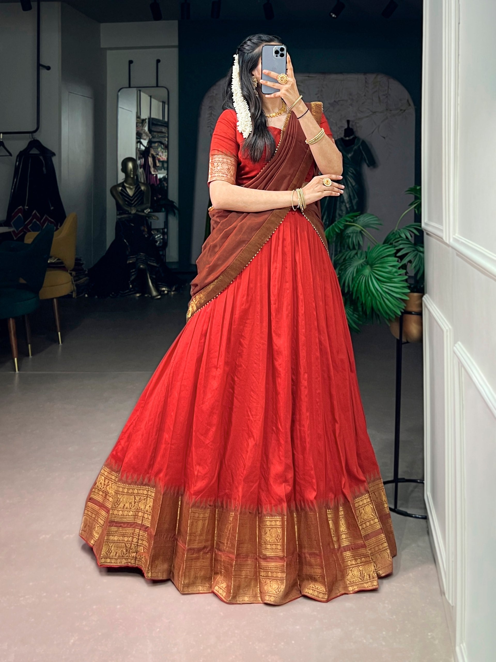 Poly Cotton Zari Woven Border Lehenga Set with Gota Patti Lace Dupatta