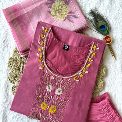 Premium Mul Chanderi Kurti Set With Duppat And Pent
