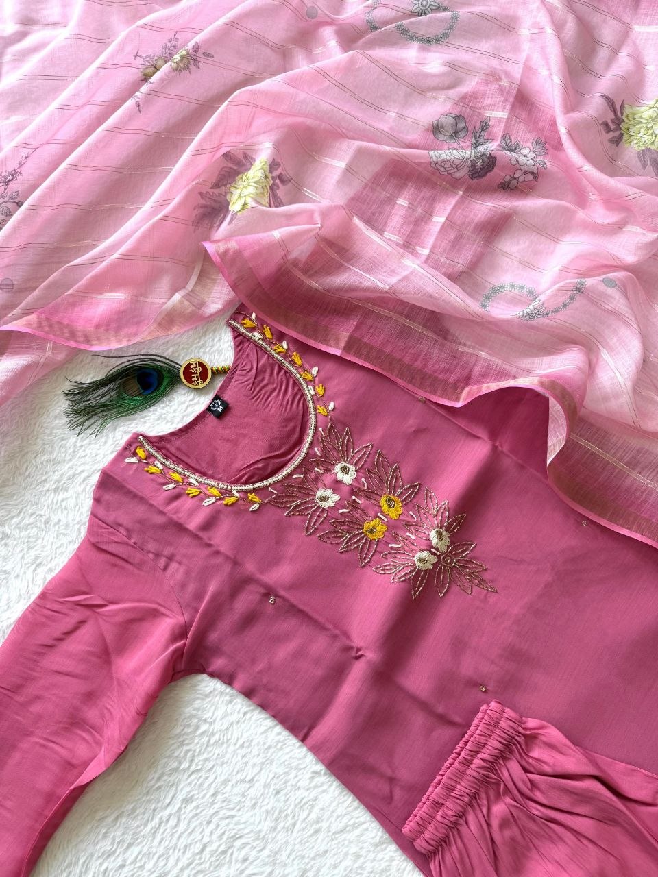 Premium Mul Chanderi Kurti Set With Duppat And Pent