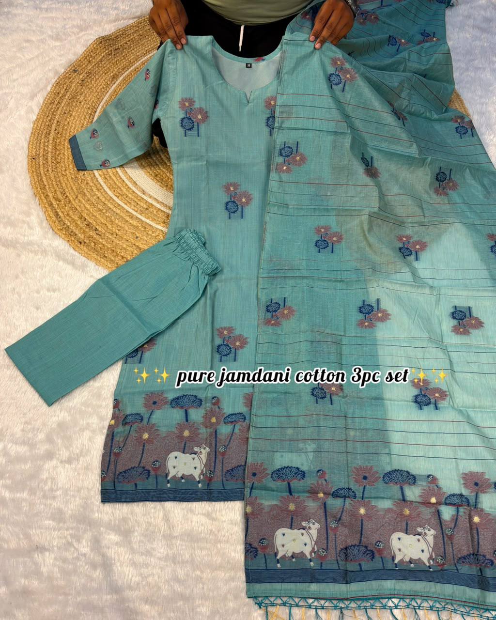 Exclusive Pure Jamdani Cotton 3-Piece Festive Kurti Set