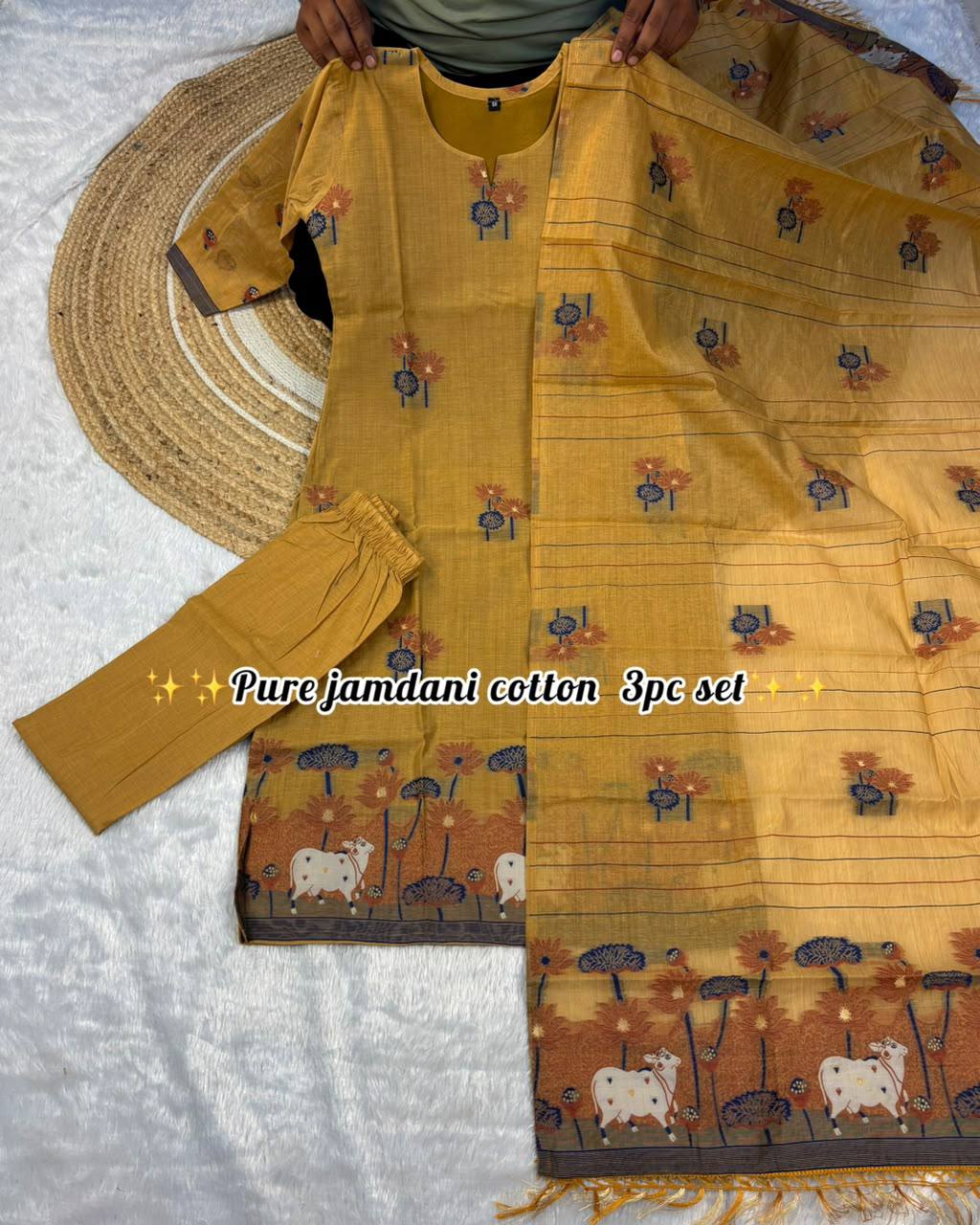 Exclusive Pure Jamdani Cotton 3-Piece Festive Kurti Set