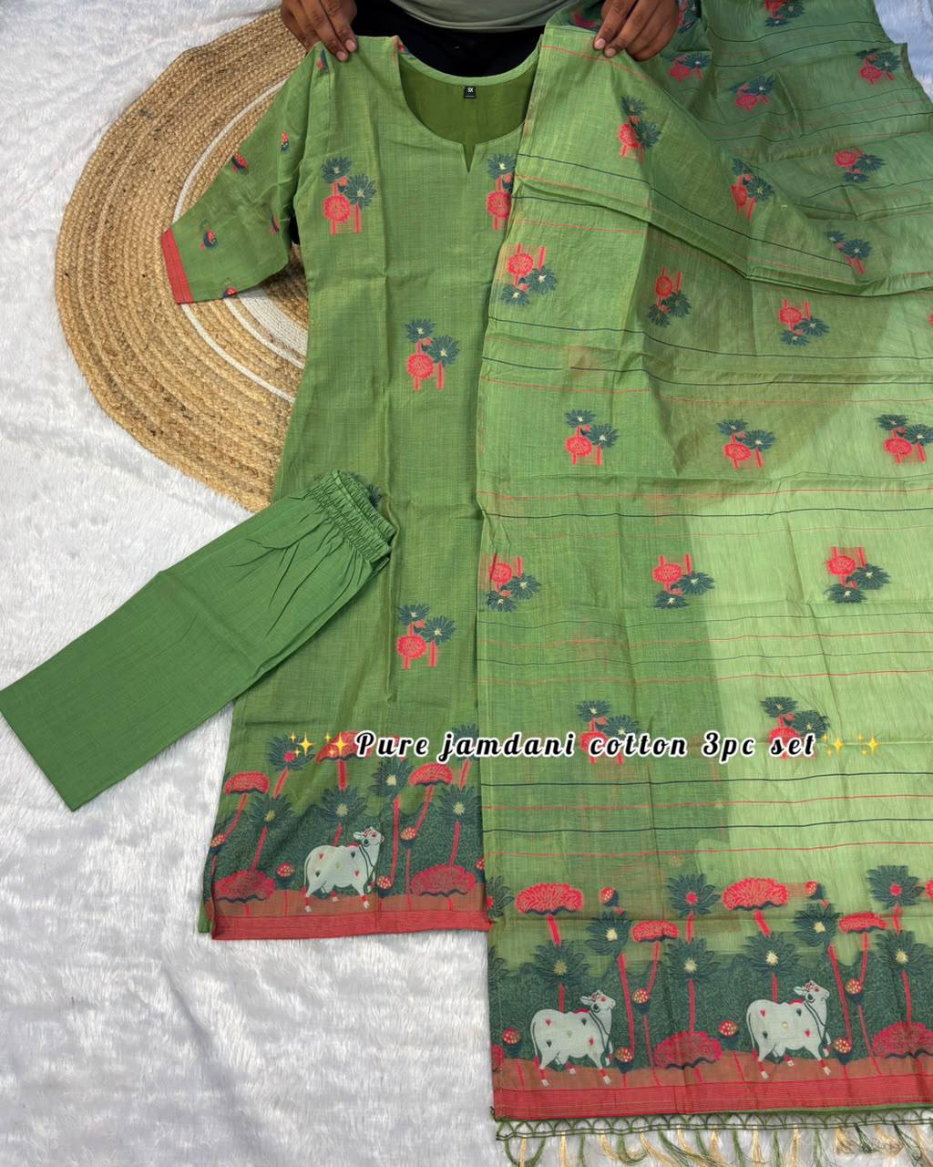 Exclusive Pure Jamdani Cotton 3-Piece Festive Kurti Set
