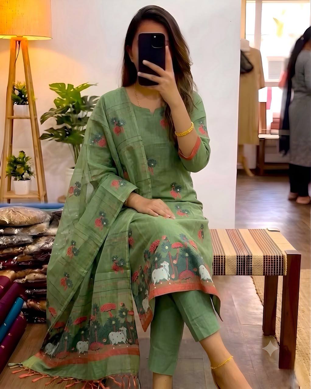 Exclusive Pure Jamdani Cotton 3-Piece Festive Kurti Set