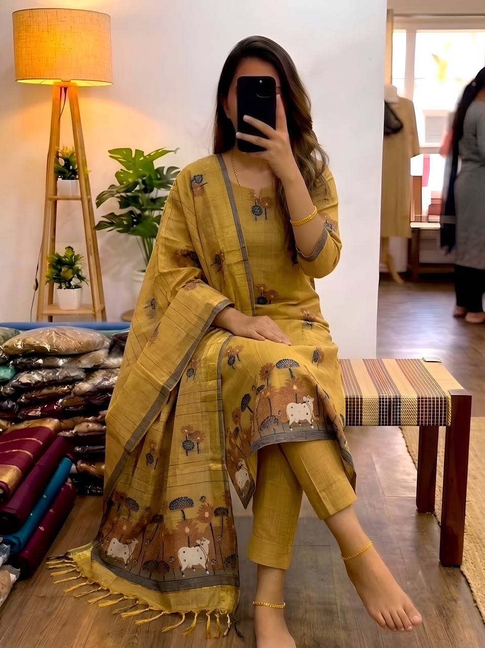 Exclusive Pure Jamdani Cotton 3-Piece Festive Kurti Set