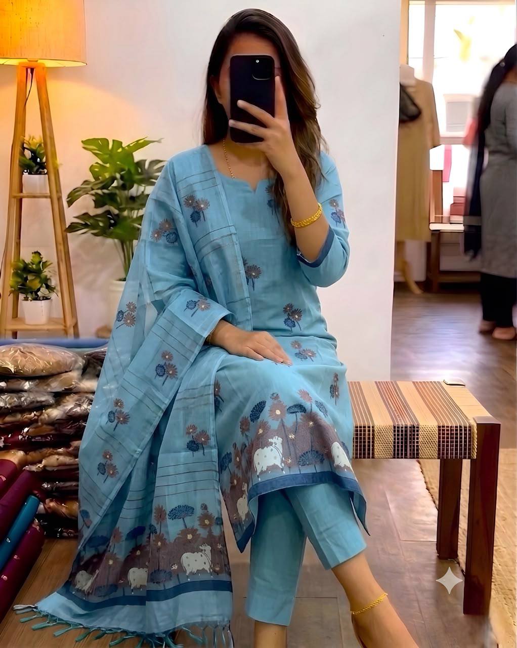 Exclusive Pure Jamdani Cotton 3-Piece Festive Kurti Set